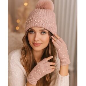 Holiday Time Knit Hat Gloves Set Womens OS Pink Pearl Fur Pom Pom Coquette